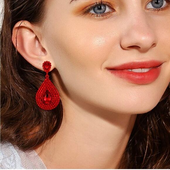 Red with Ruby Red Crystal Hollow Teardrop Chandelier Post Back Drop Earrings - Picture 3 of 4